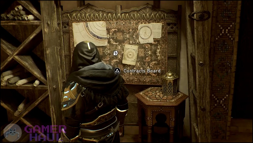 Accessing the Harbiyah Contracts Board to Begin The Botanist Contract in Assassin's Creed Mirage