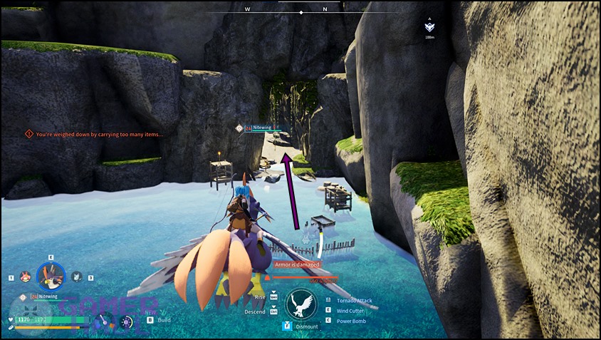 Screenshot of the opening of the cave that leads to Broncherry Aqua's lair in Palworld