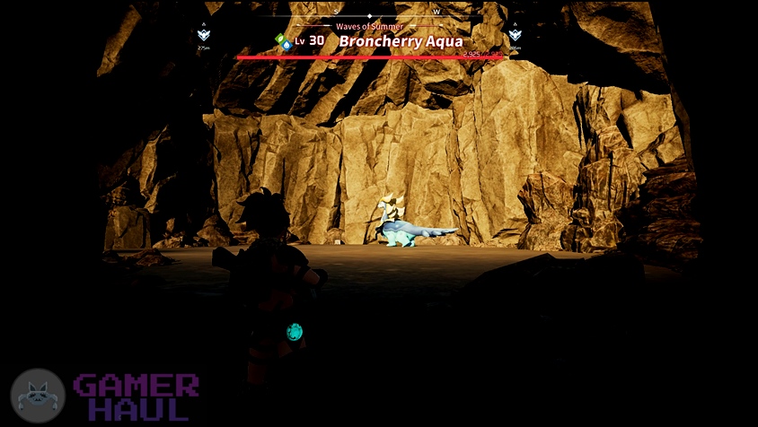 In-game screenshot of Broncherry Aqua's underground cave in Palworld.