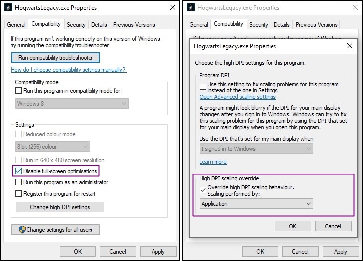 Game Exe Properties Full Screen Optimizations and High DPI Scaling