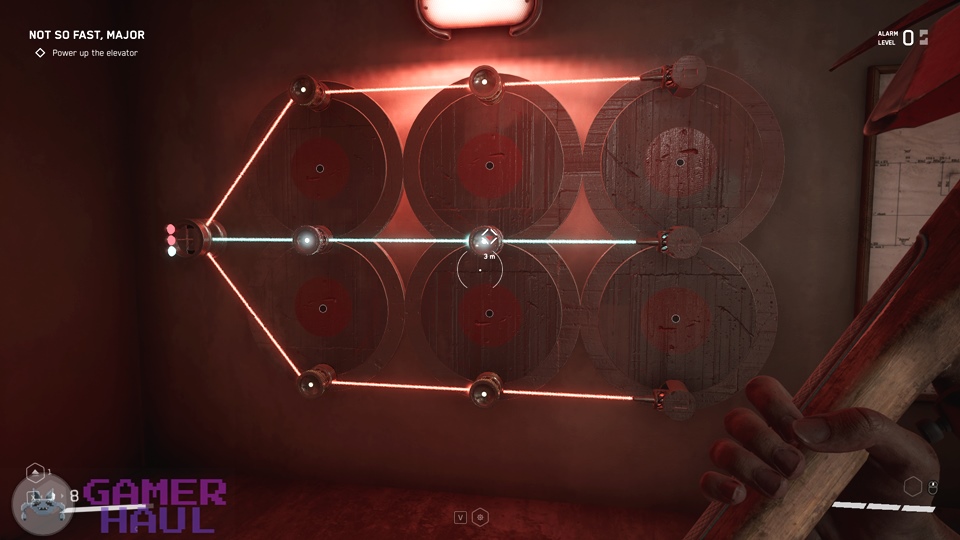 First Passive Security Relay Puzzle in Atomic Heart Featuring series of red and blue lasers 