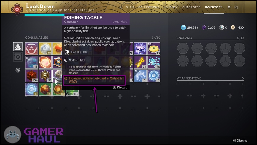 Fishing Tackle item in Inventory pointing at where to catch exotic fish Destiny 2