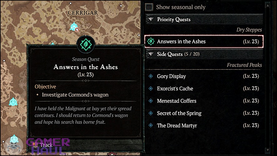 Screenshot of a Season of the Malignant Seasonal Quest in Diablo 4 (D4)
